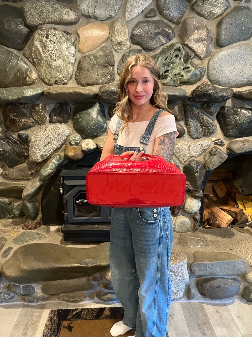 Christian Louboutin Red Croc-Embossed Tote with Studded Trim - Picture 6 of 8